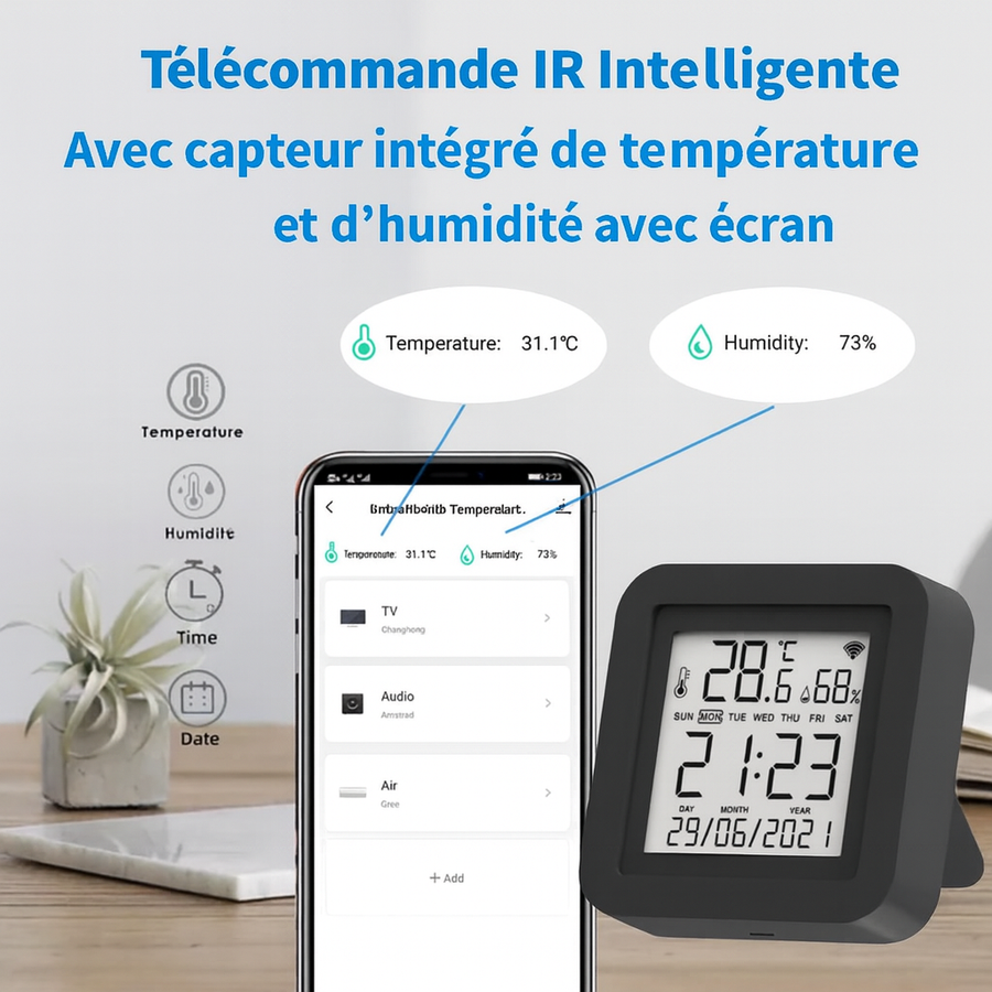 Télécommande IR Universelle Tuya Smart avec Capteur de Température et d’Humidité pour Climatisation, Télévision et Appareils AC – Compatible avec Alexa, Google Home et Yandex