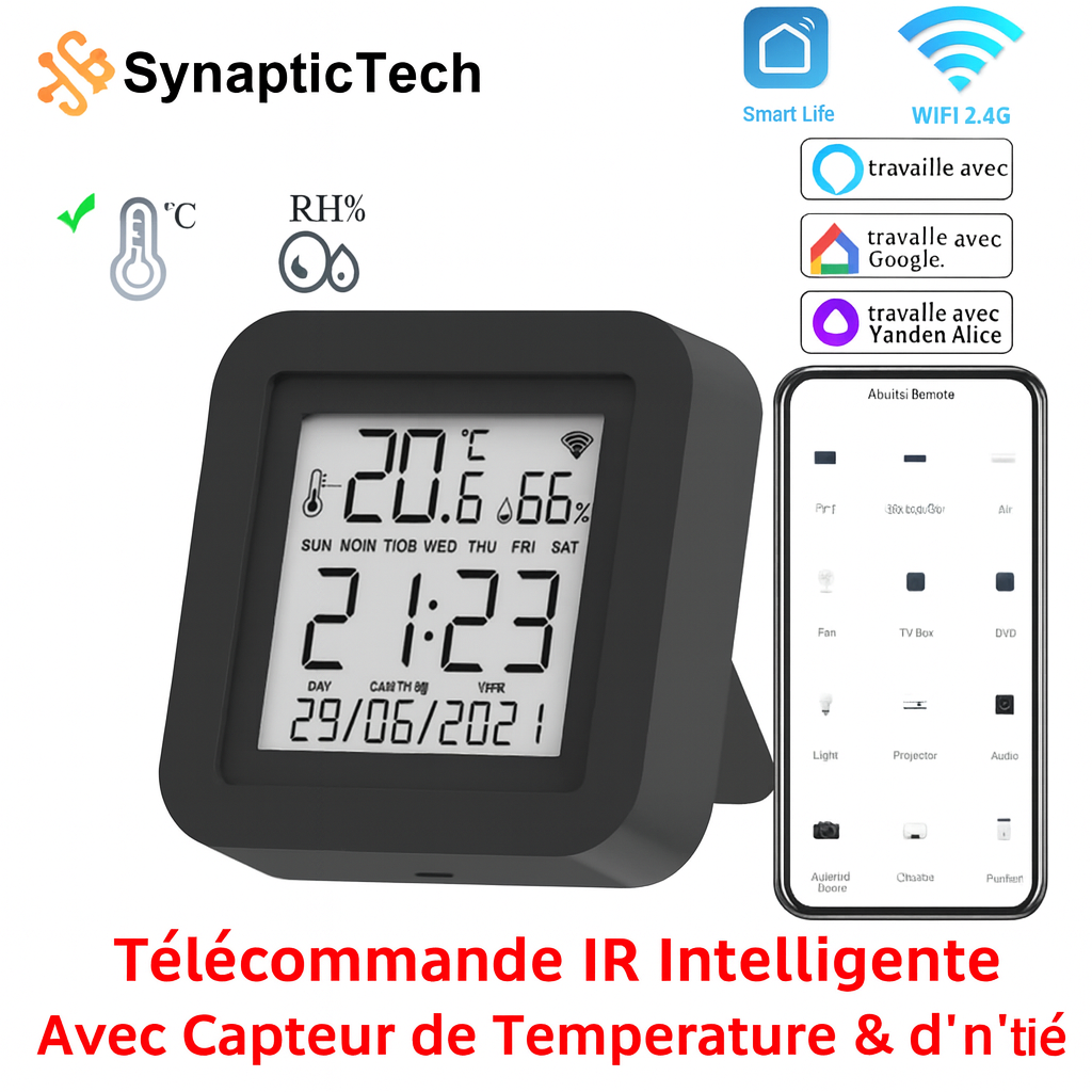Télécommande IR Universelle Tuya Smart avec Capteur de Température et d’Humidité pour Climatisation, Télévision et Appareils AC – Compatible avec Alexa, Google Home et Yandex